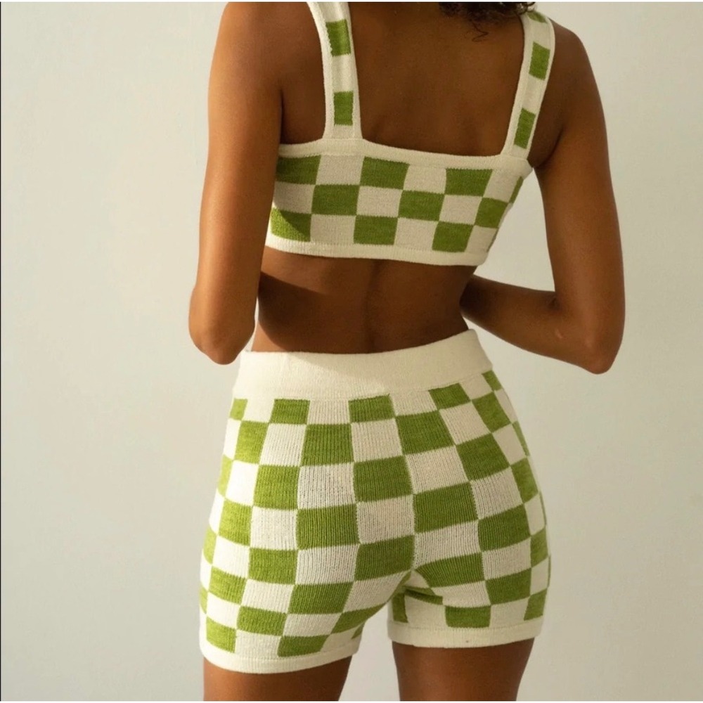 Belle the Label Checkered knit shorts S green resort beach festival vacation - Picture 2 of 5